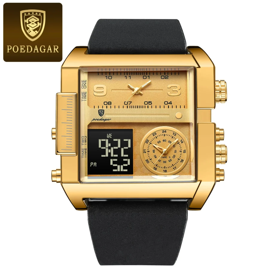 POEDAGAR Luxury Man Wristwatch Rectangle Waterproof Luminous Day Week Men Watch Digital Multifunction Men's Watches Quartz Reloj 