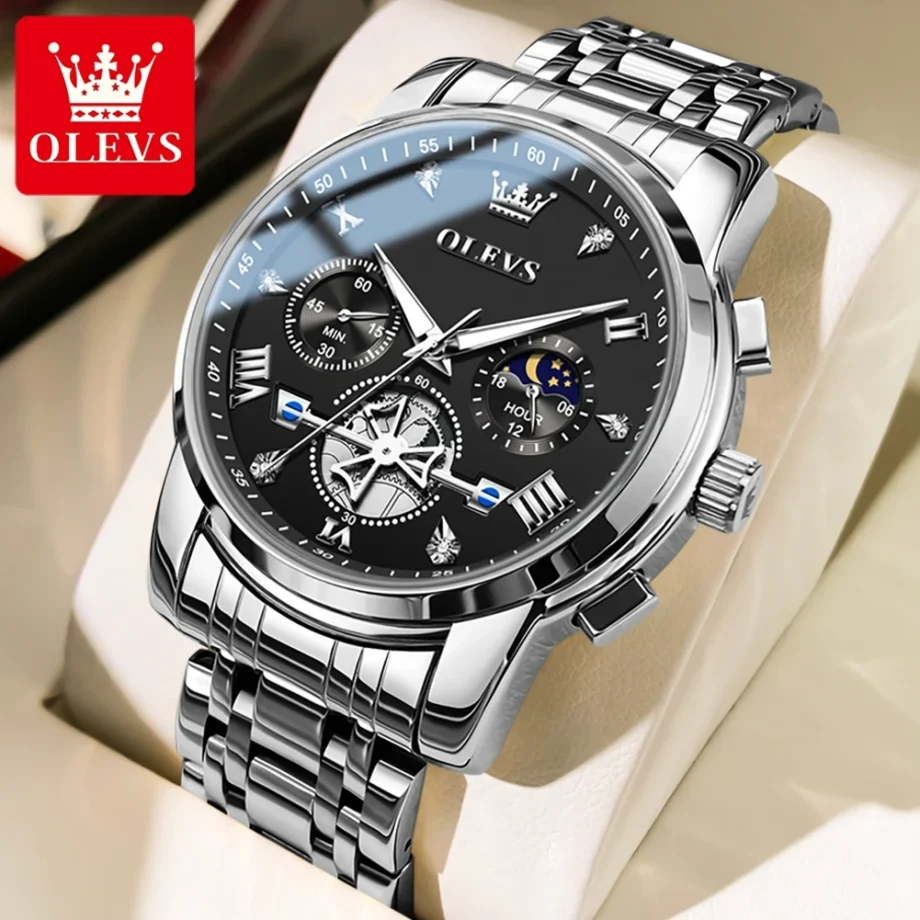 OLEVS 2856 Quartz Watch for Men Flywheel Skeleton Chronograph Moon Phase Multifunctional Stainless steel Men's Wristwatches