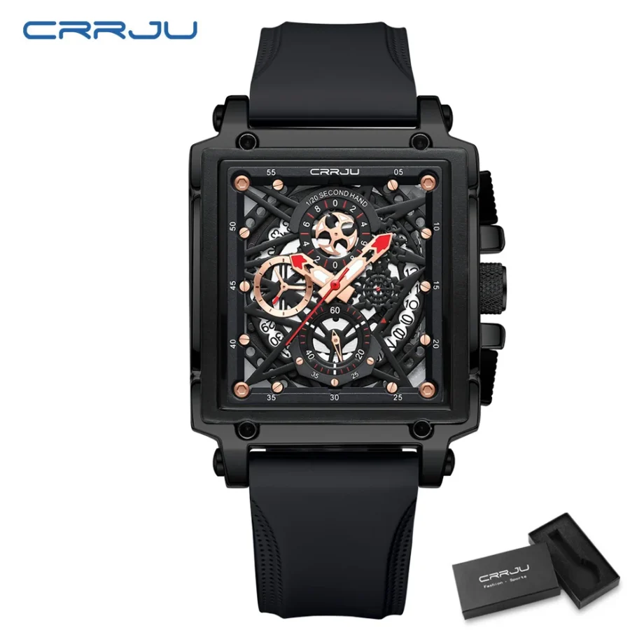 CRRJU Fashion Sports Watches with Large Dial Unique RectangularHollow Design Quartz Wristwatches with Chrongraph Auto Date