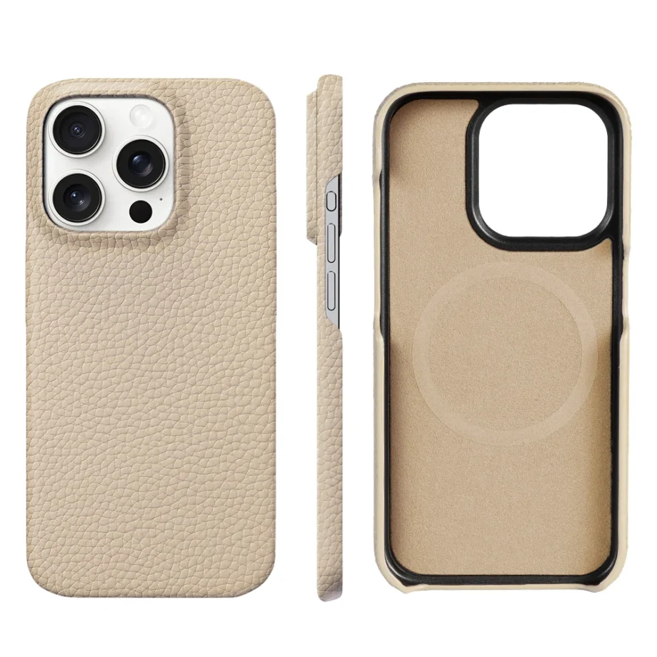 for Magsafe Case for iPhone 15 16 Pro Max Promax 16Pro Natural Cowhide Lychee Leather Magnetic Protector Luxury Phone Back Cover 